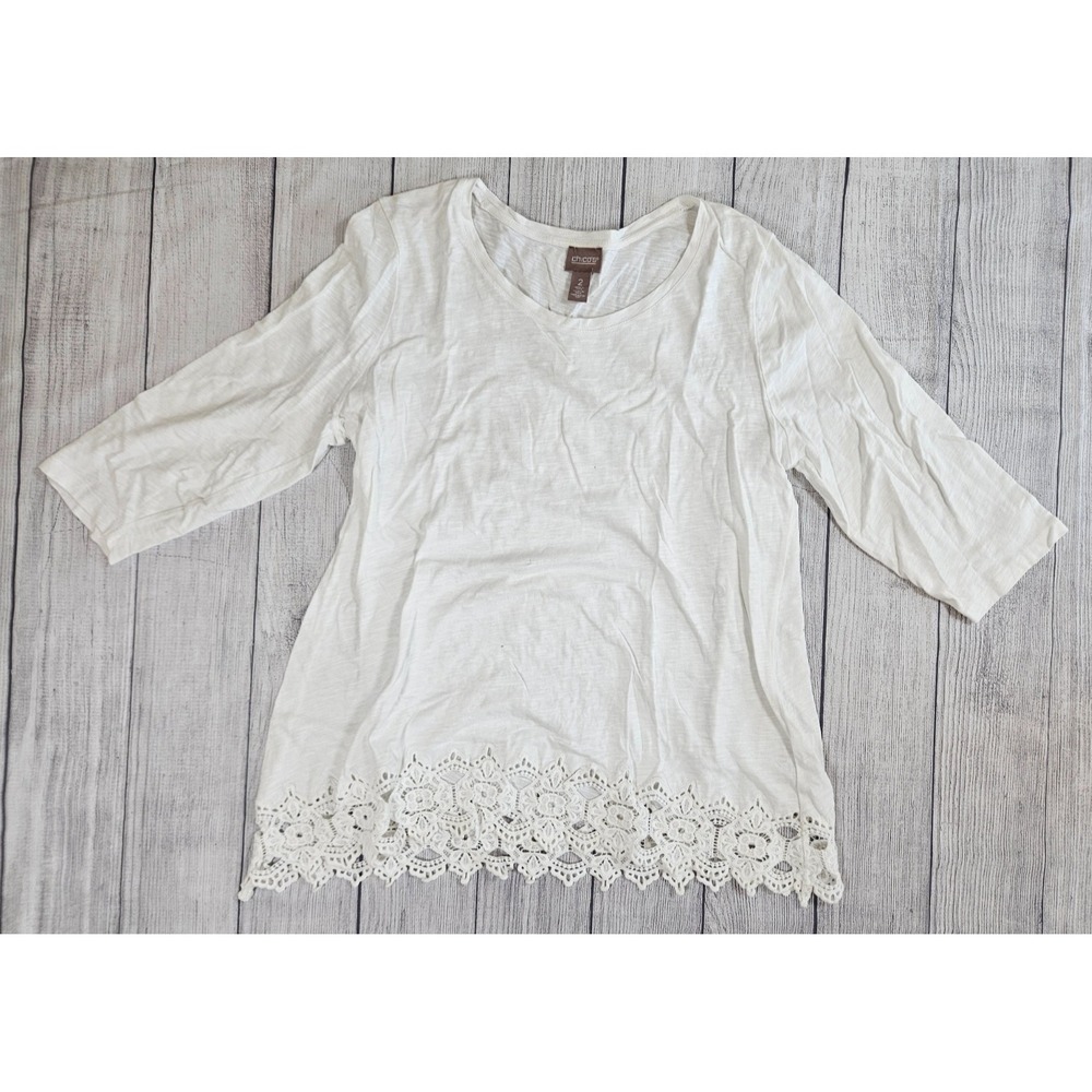 Chico's Tunic‎ Top Large White 100% Cotton Crochet Hem 3/4 Sleeve Boho Lagenlook